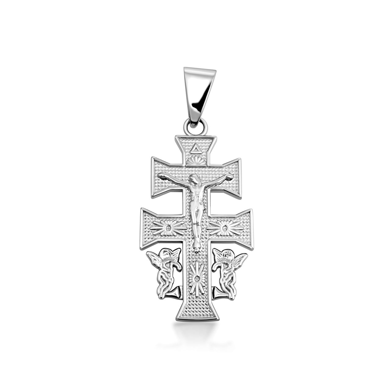 Caravaca Double Cross With Angels Crucifix Pendant in Sterling Silver