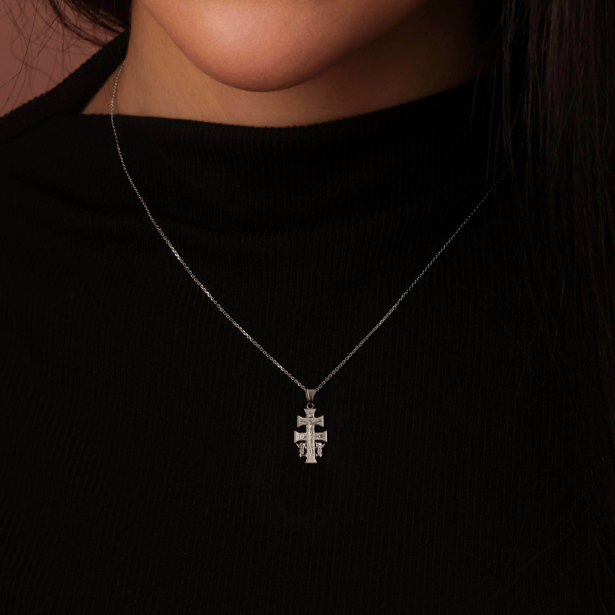 Caravaca Double Cross With Angels Crucifix Pendant in Sterling Silver, view 2