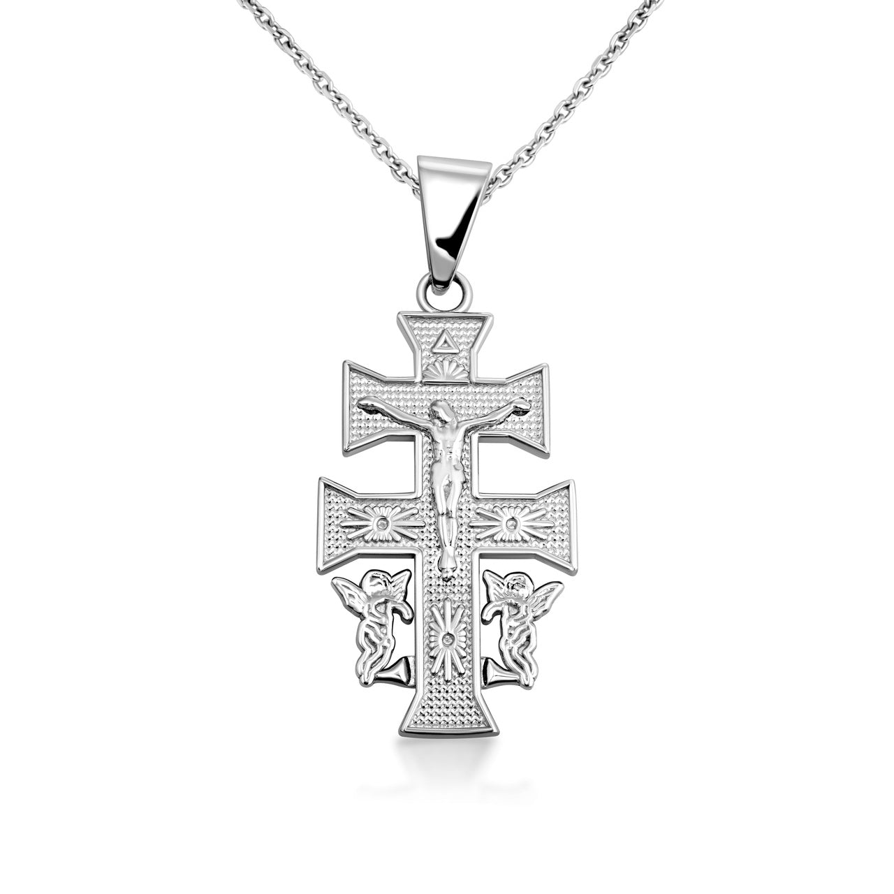 Caravaca Double Cross With Angels Crucifix Pendant in Sterling Silver, view 4