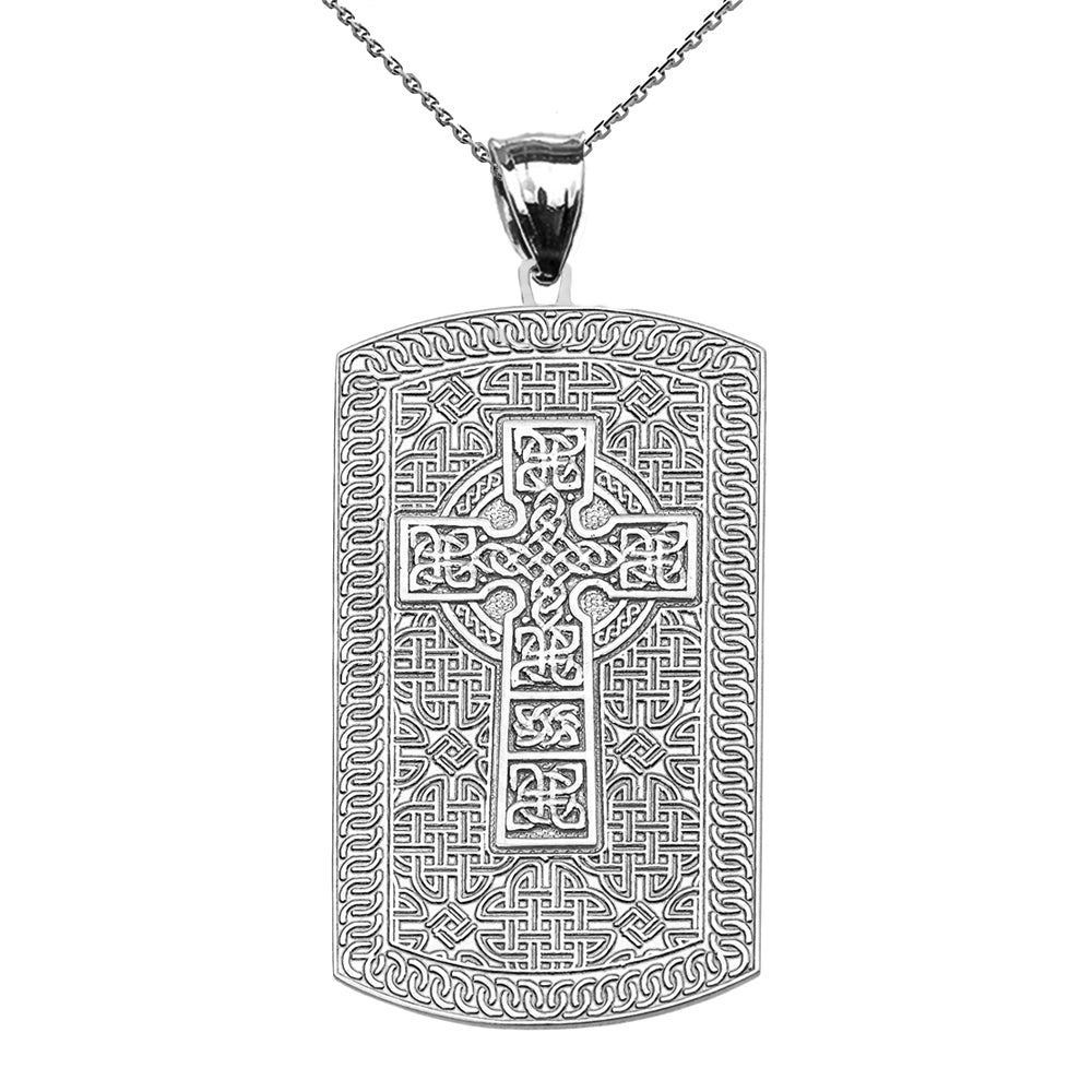 Celtic Cross Trinity Knot Sterling Silver Engravable Dog Tag Pendant Necklace