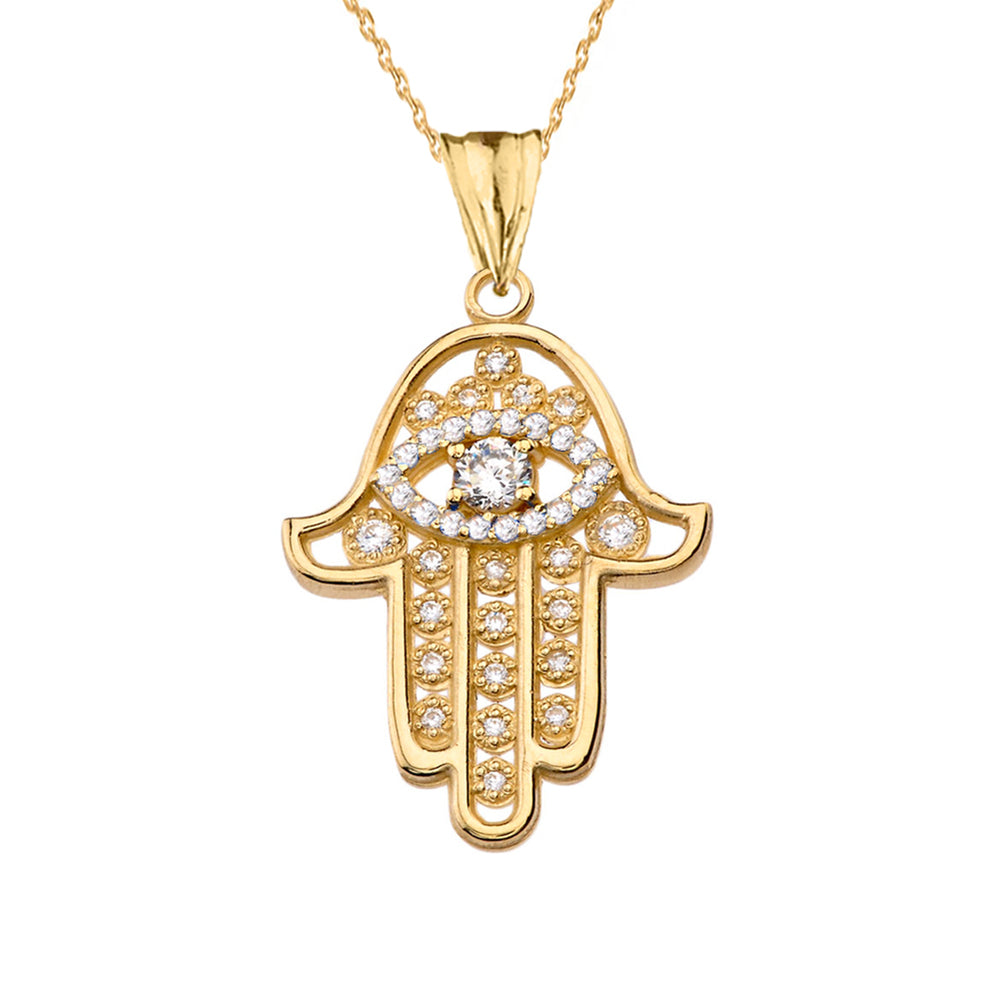 Chic Diamond Hamsa Evil Eye Pendant Necklace in Yellow Gold