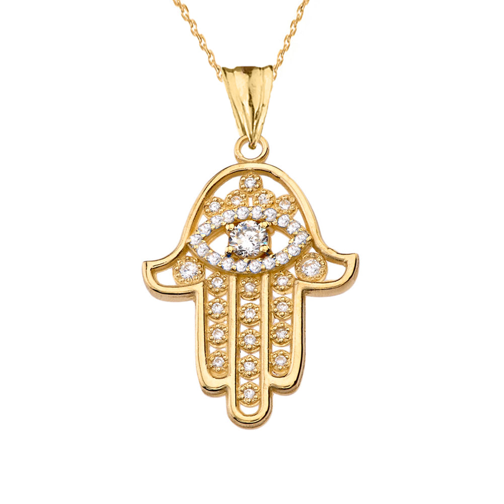 Chic Diamond Hamsa Evil Eye Pendant Necklace in Yellow Gold