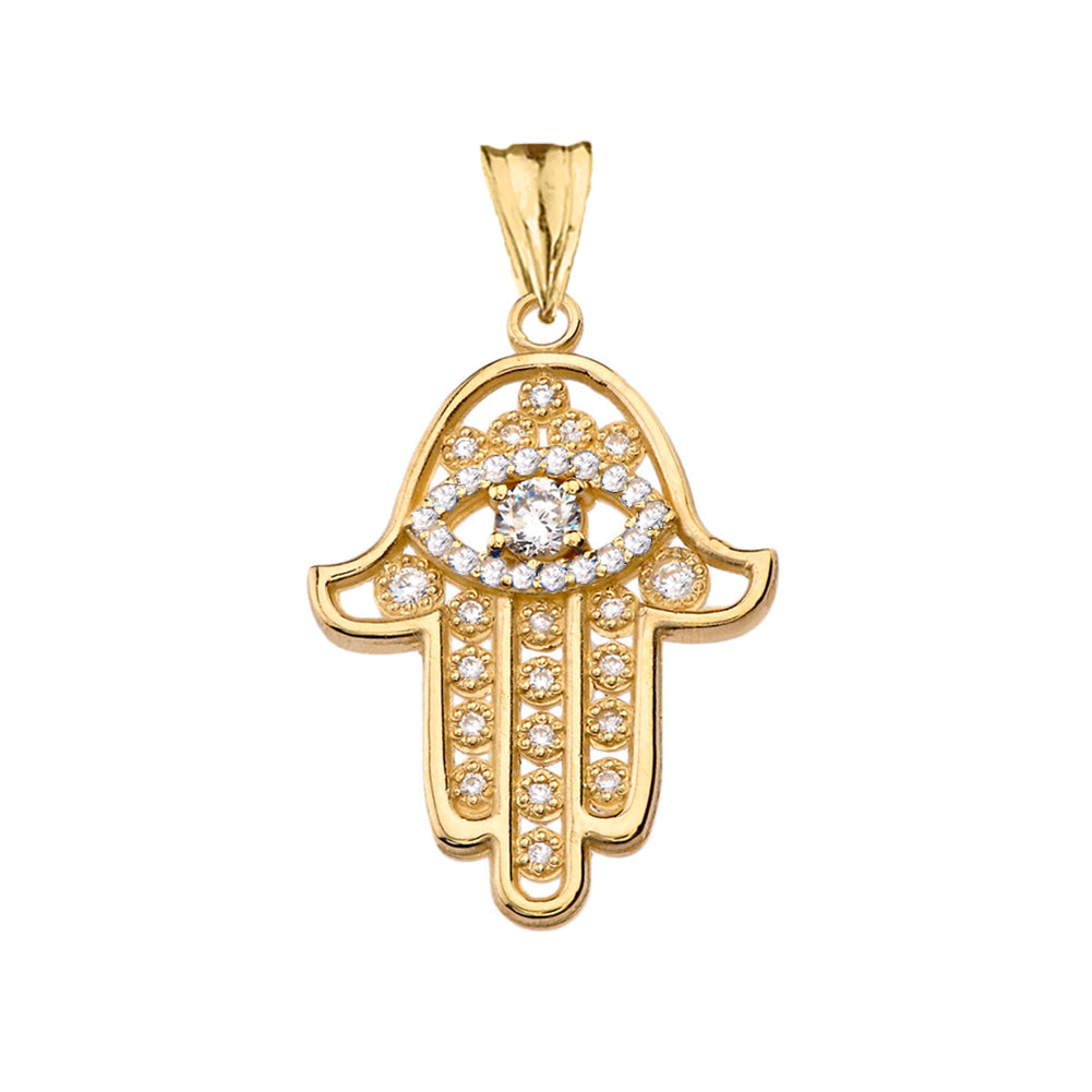 Chic Diamond Hamsa Evil Eye Pendant Necklace in Yellow Gold, view 2