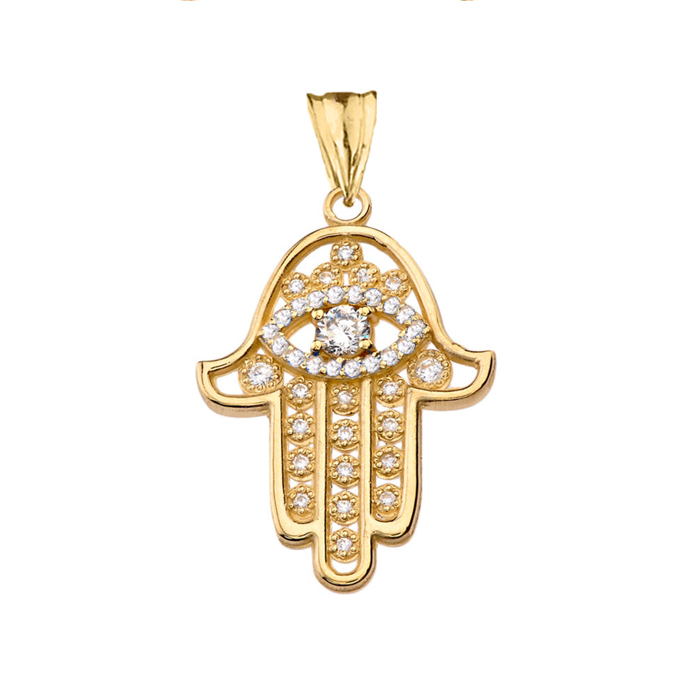 Chic Hamsa Evil Eye Pendant Necklace in Gold, view 2