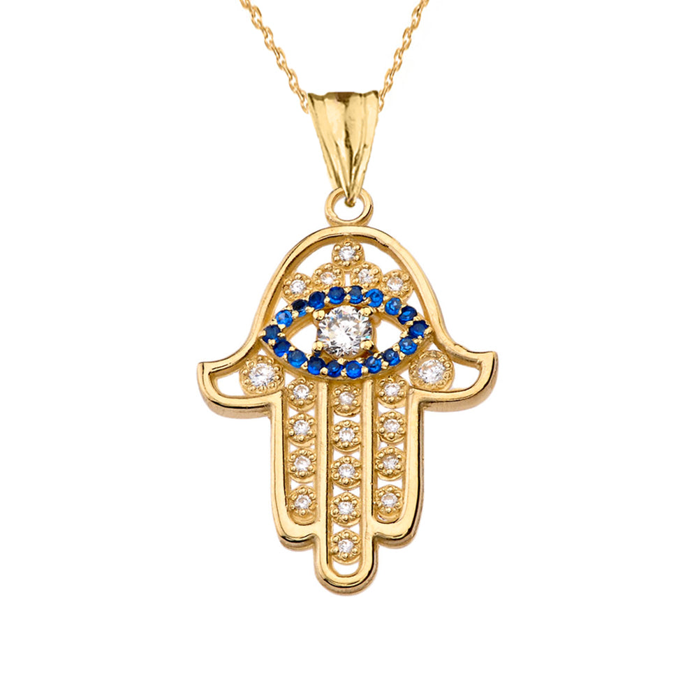 Chic Zirconia & September Birthstone Hamsa Evil Eye Pendant Necklace in Yellow Gold