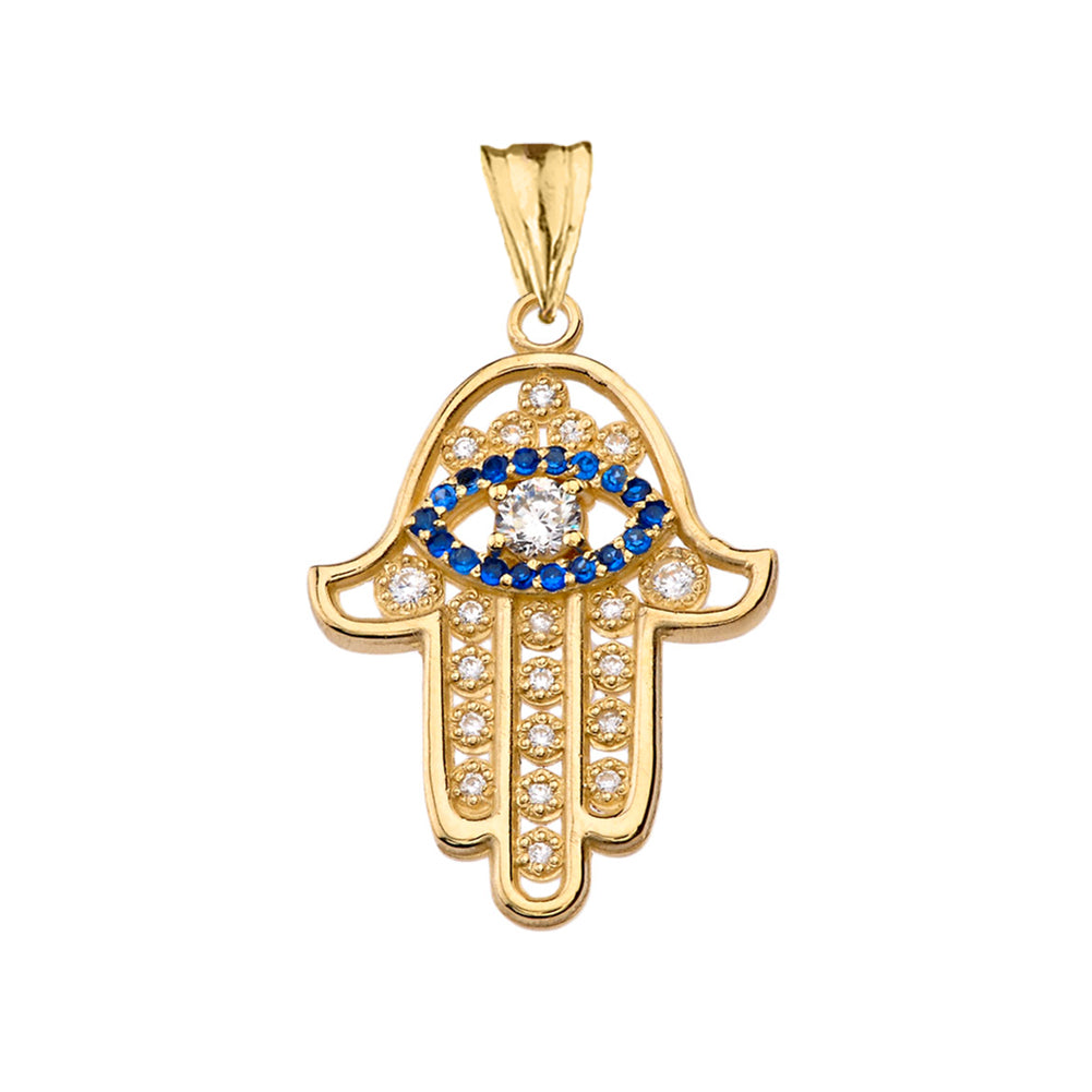 Chic Zirconia & September Birthstone Hamsa Evil Eye Pendant Necklace in Yellow Gold, view 2