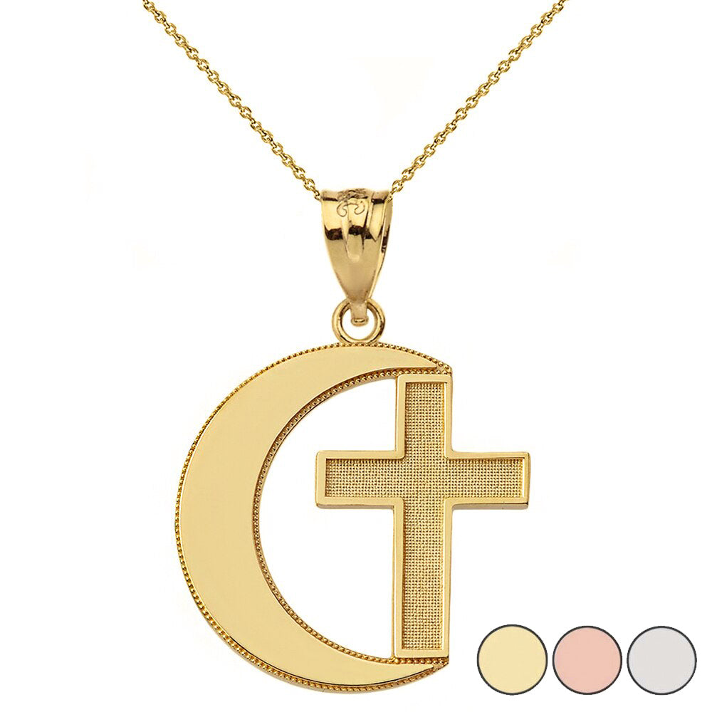 Crescent Moon and Cross Pendant Necklace in Gold