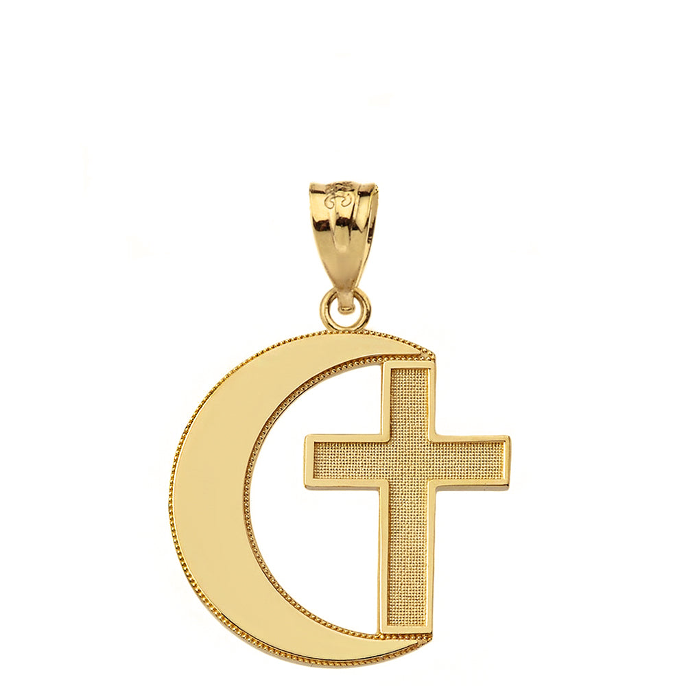 Crescent Moon and Cross Pendant Necklace in Gold, view 2