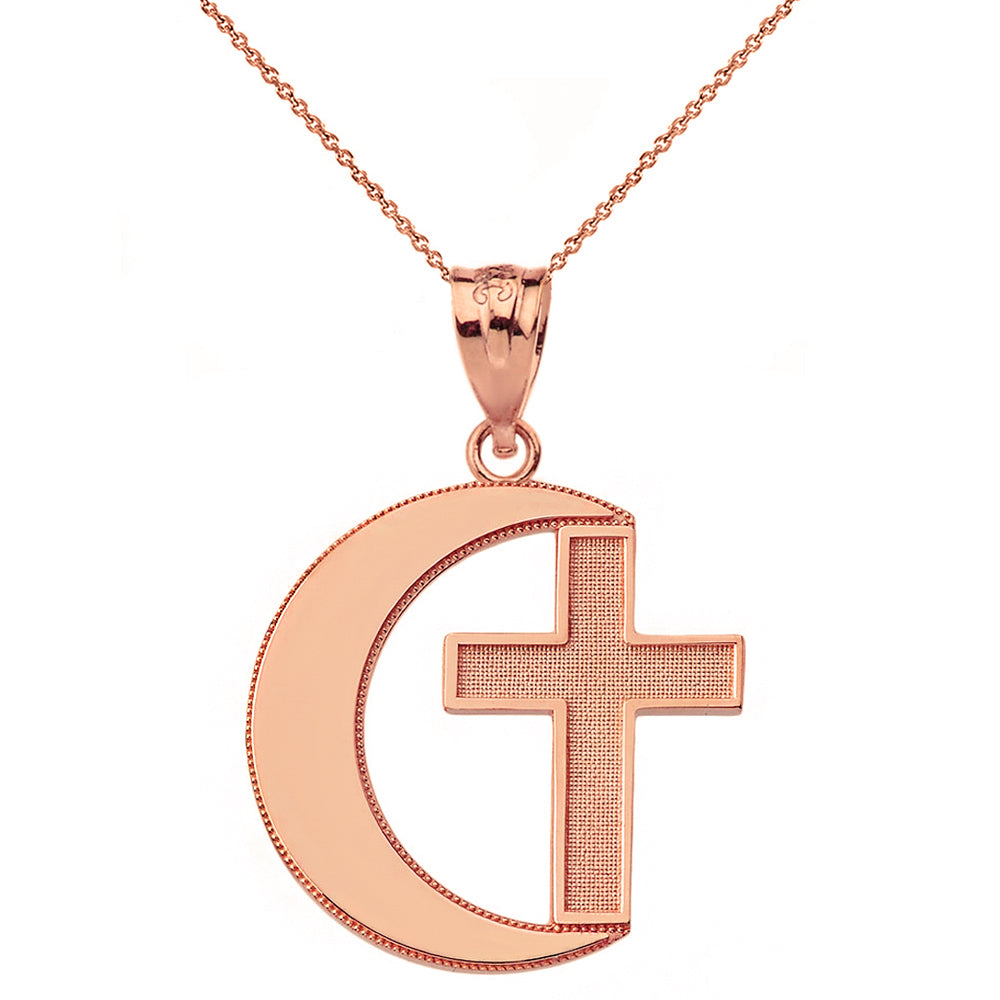 Crescent Moon and Cross Pendant Necklace in Gold, view 4