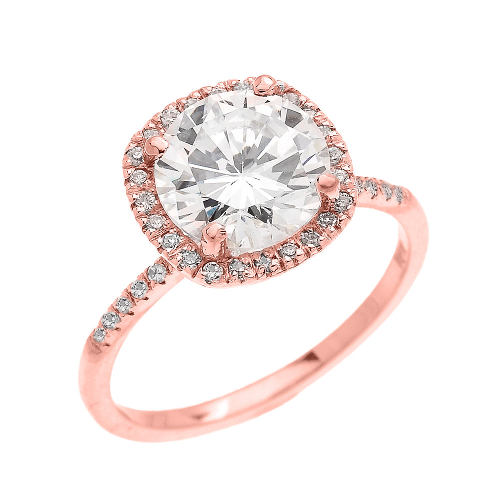 Cushion Shape Cubic Zirconia Halo Micropave Engagement Ring in Rose Gold