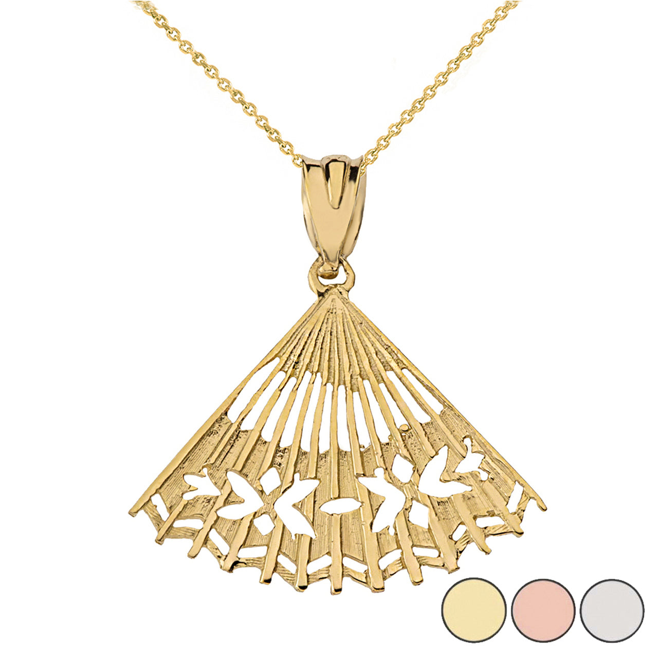 Cut Out Folding Hand Fan Pendant Necklace in Solid Gold