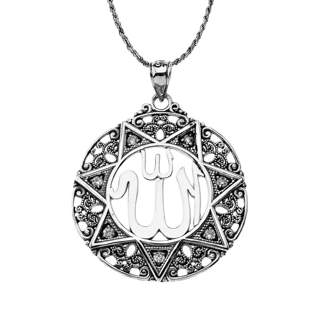 CZ Filigree Round Allah Pendant Necklace (1.5")in Oxidized Sterling Silver
