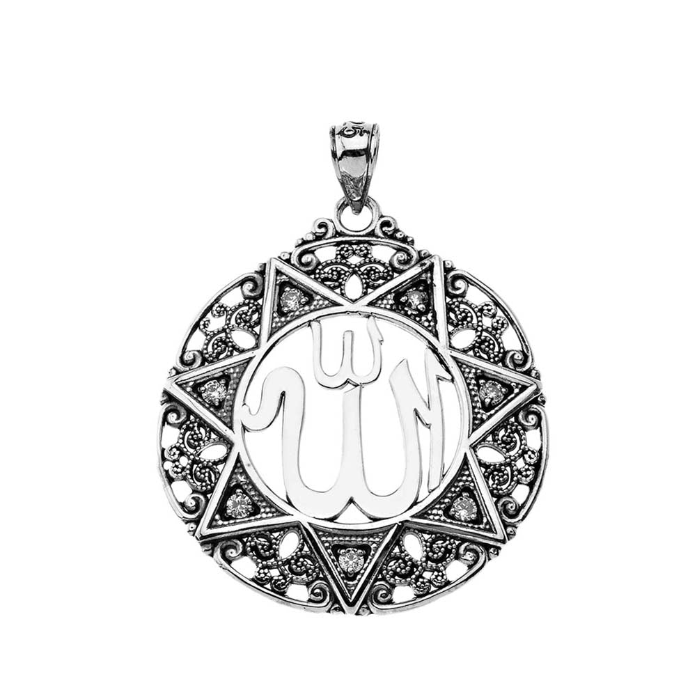 CZ Filigree Round Allah Pendant Necklace (1.5")in Oxidized Sterling Silver, view 2