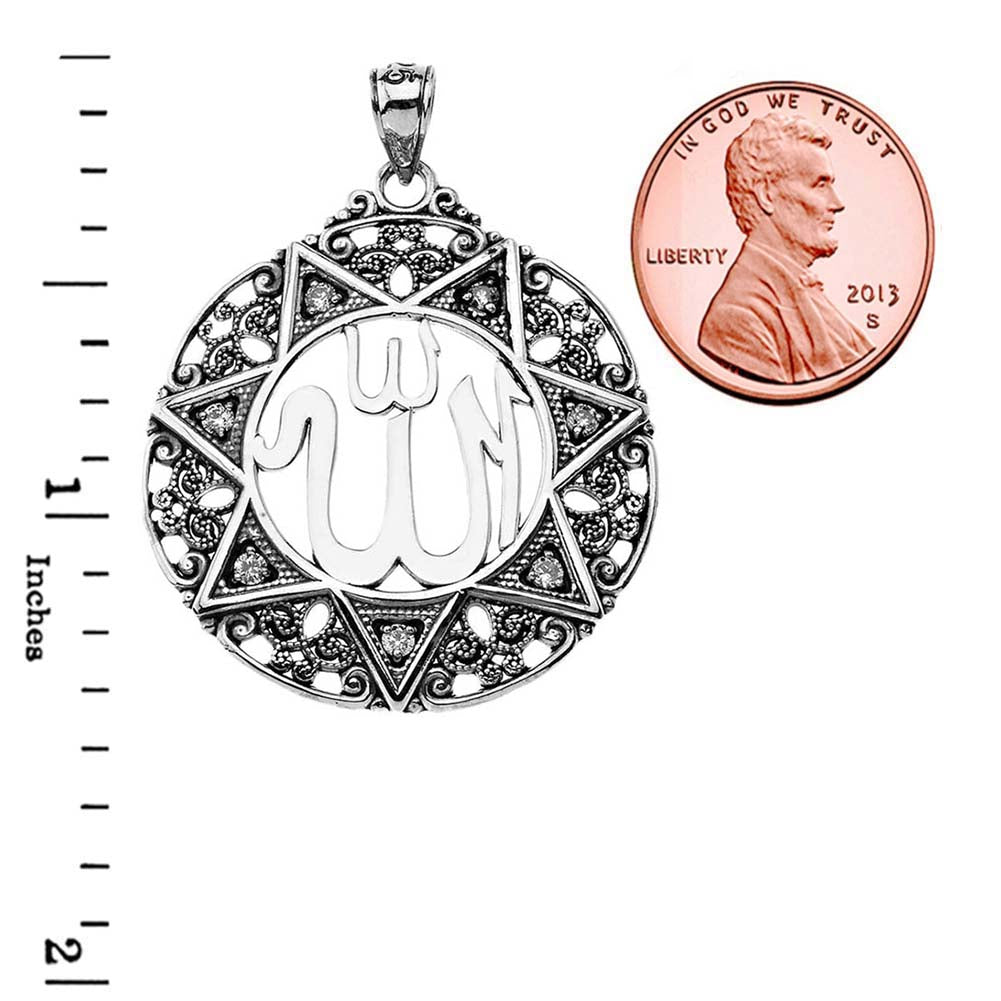 CZ Filigree Round Allah Pendant Necklace (1.5")in Oxidized Sterling Silver, view 3