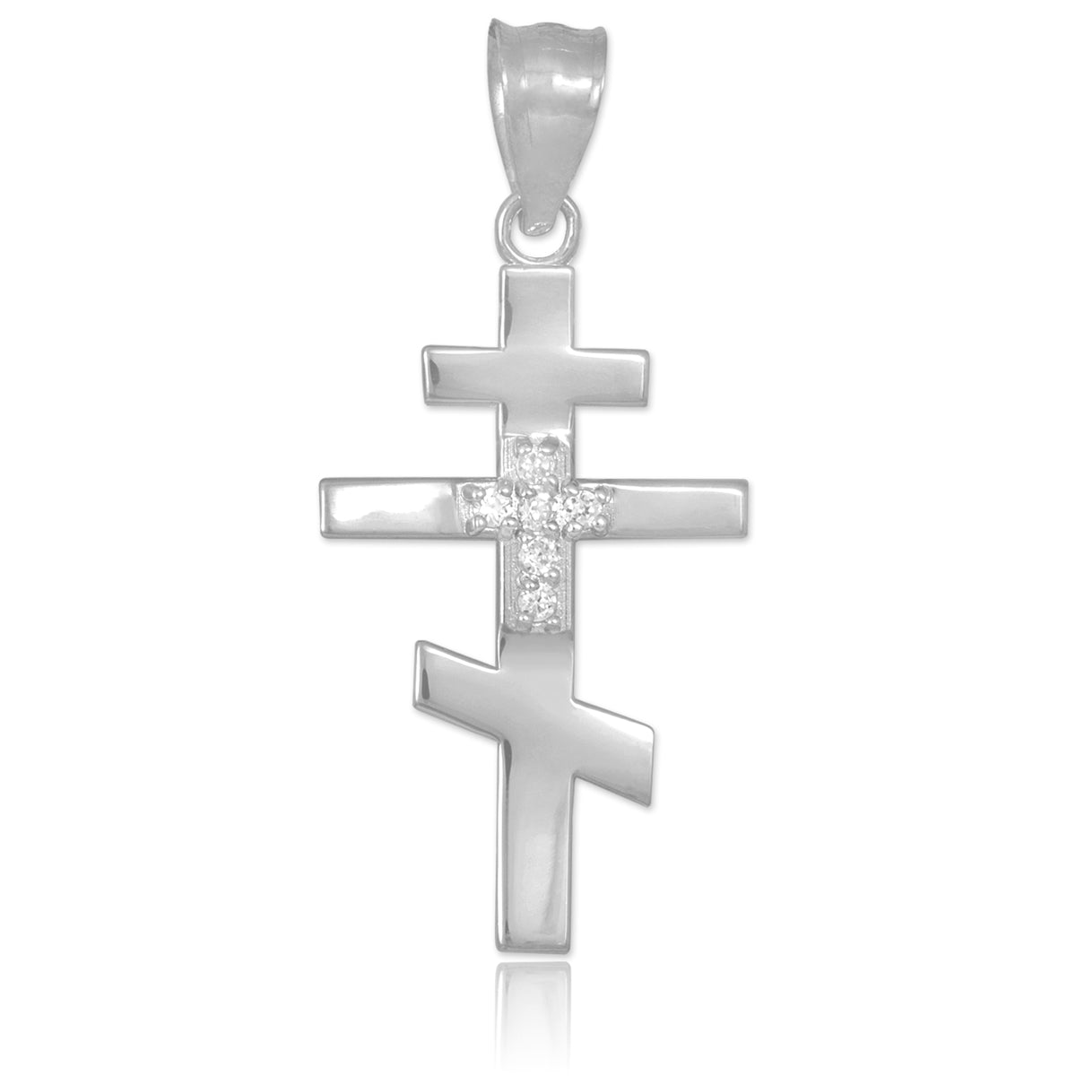 CZ Studded Silver Russian Orthodox Cross Pendant Necklace, view 2