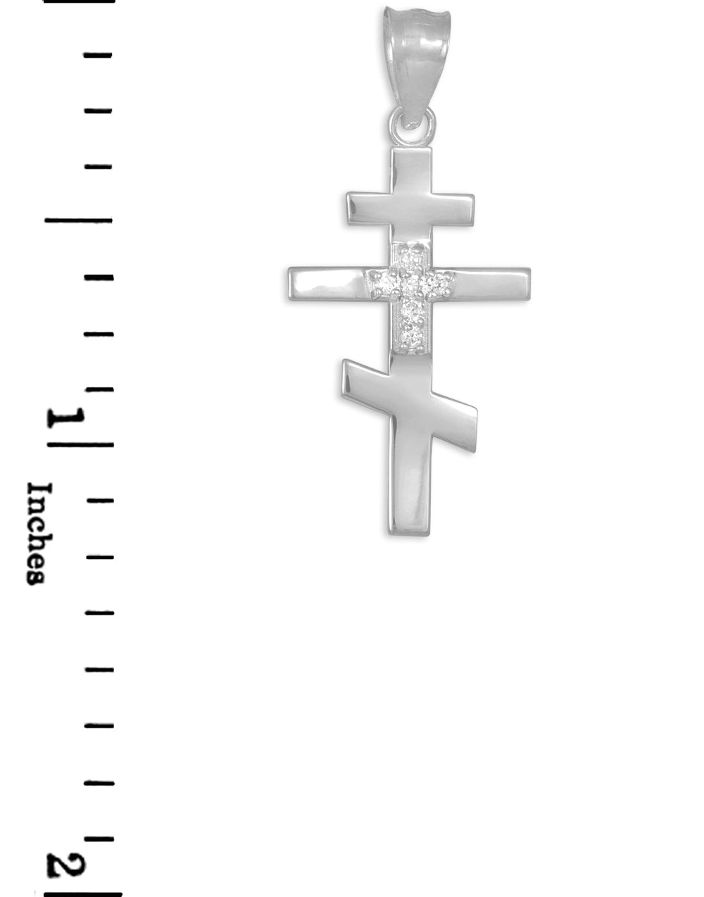 CZ Studded Silver Russian Orthodox Cross Pendant Necklace, view 3