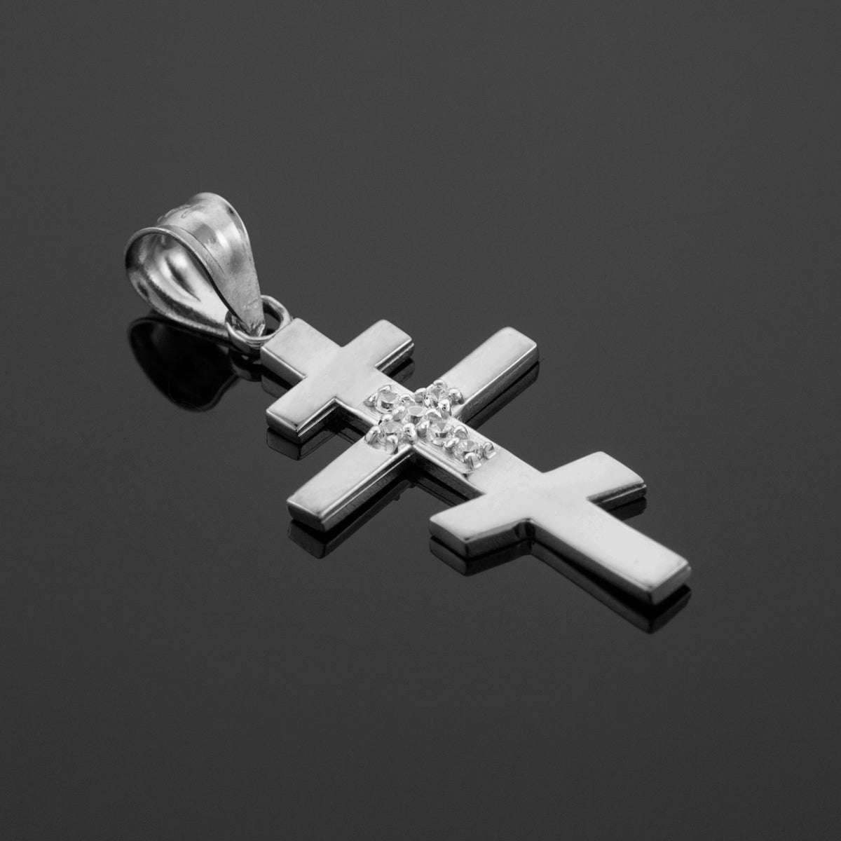 CZ Studded Silver Russian Orthodox Cross Pendant Necklace, view 4