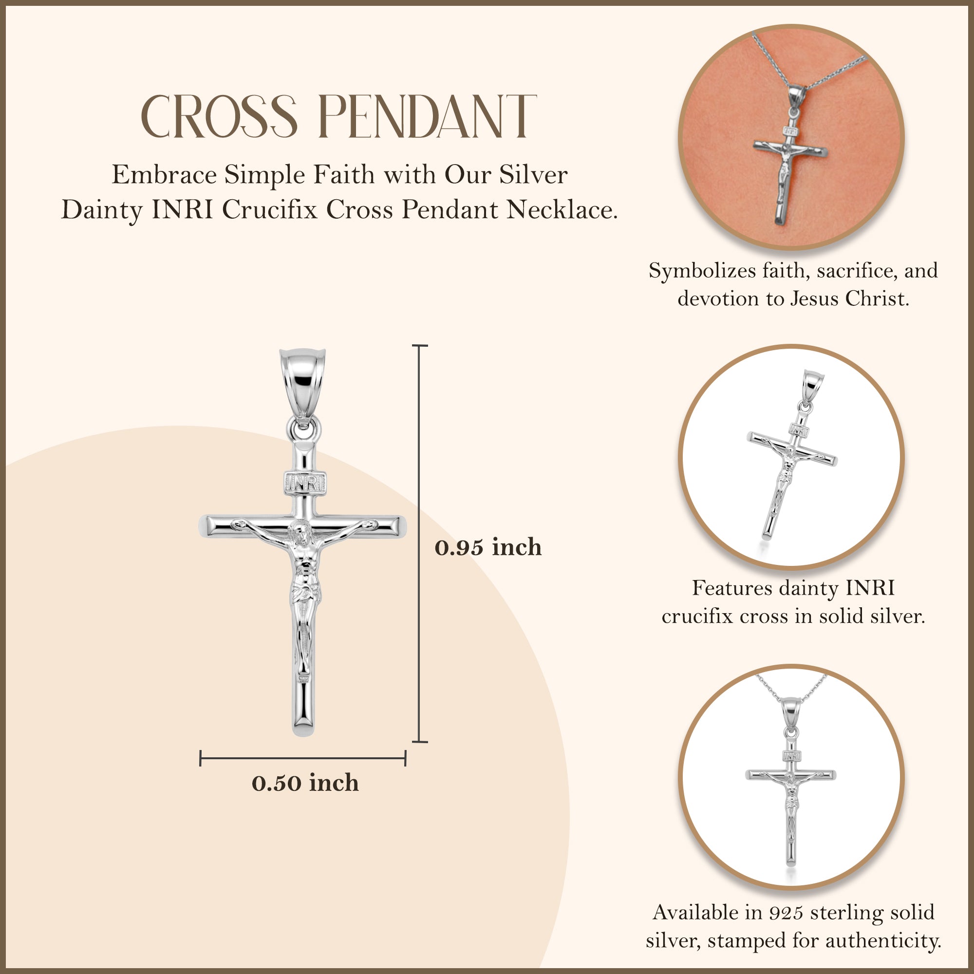 Dainty Crucifix Cross (INRI) Pendant Necklace in Sterling Silver, view 2