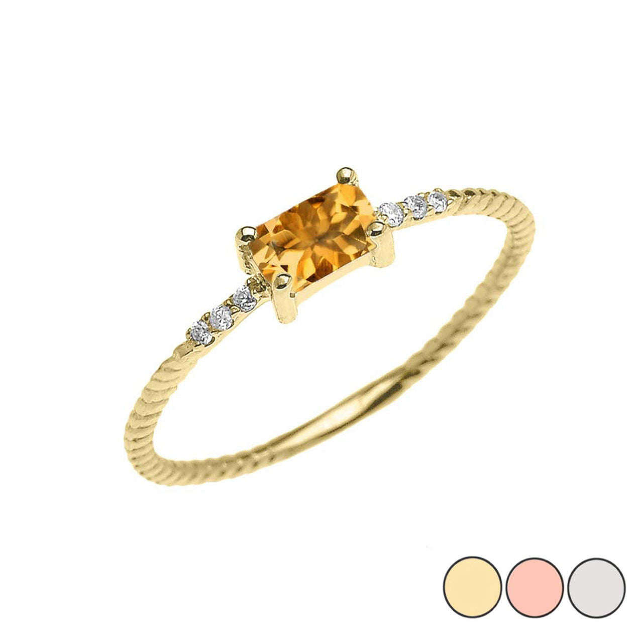 Dainty Solitaire Emerald Cut Citrine and Diamond Rope Design Engagement/Promise Ring in Gold