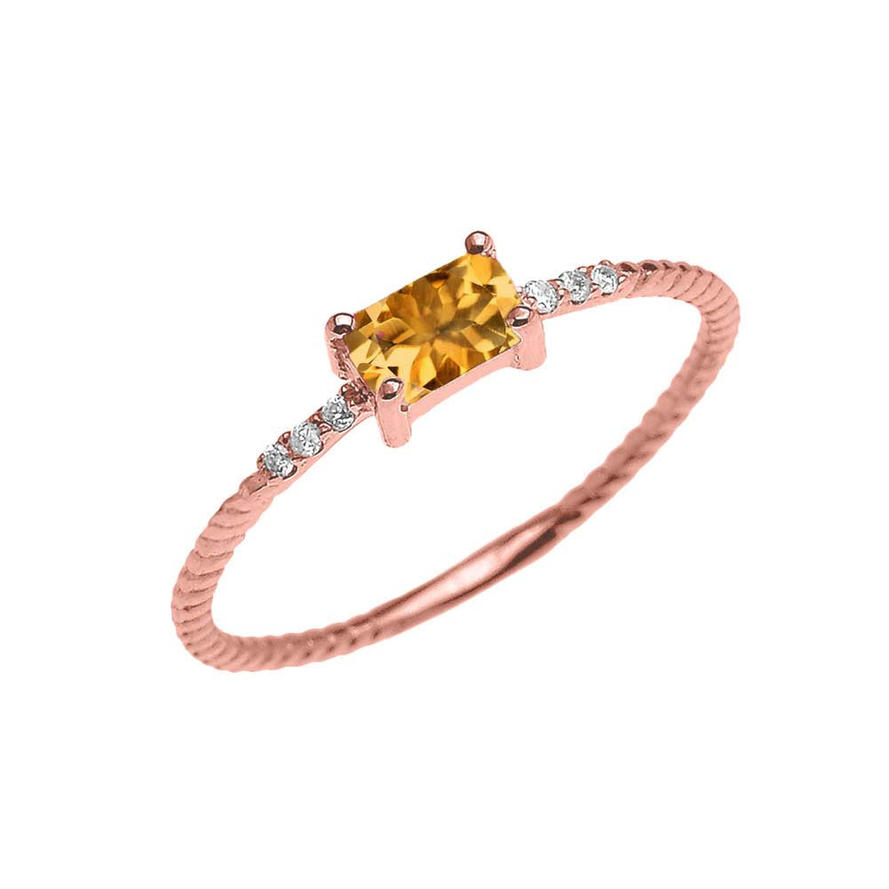 Dainty Solitaire Emerald Cut Citrine and Diamond Rope Design Engagement/Promise Ring in Gold, view 2