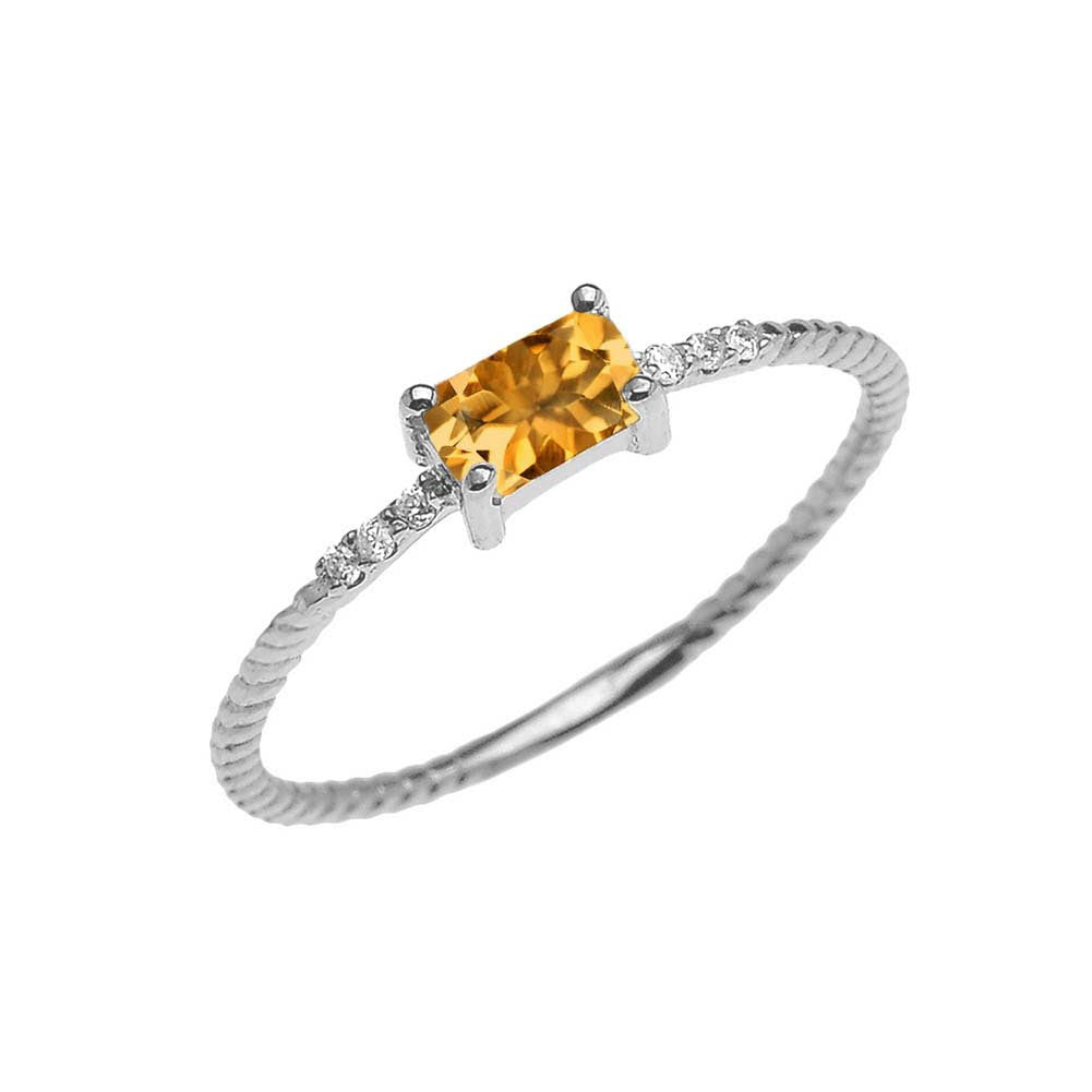 Dainty Solitaire Emerald Cut Citrine and Diamond Rope Design Engagement/Promise Ring in Gold, view 3