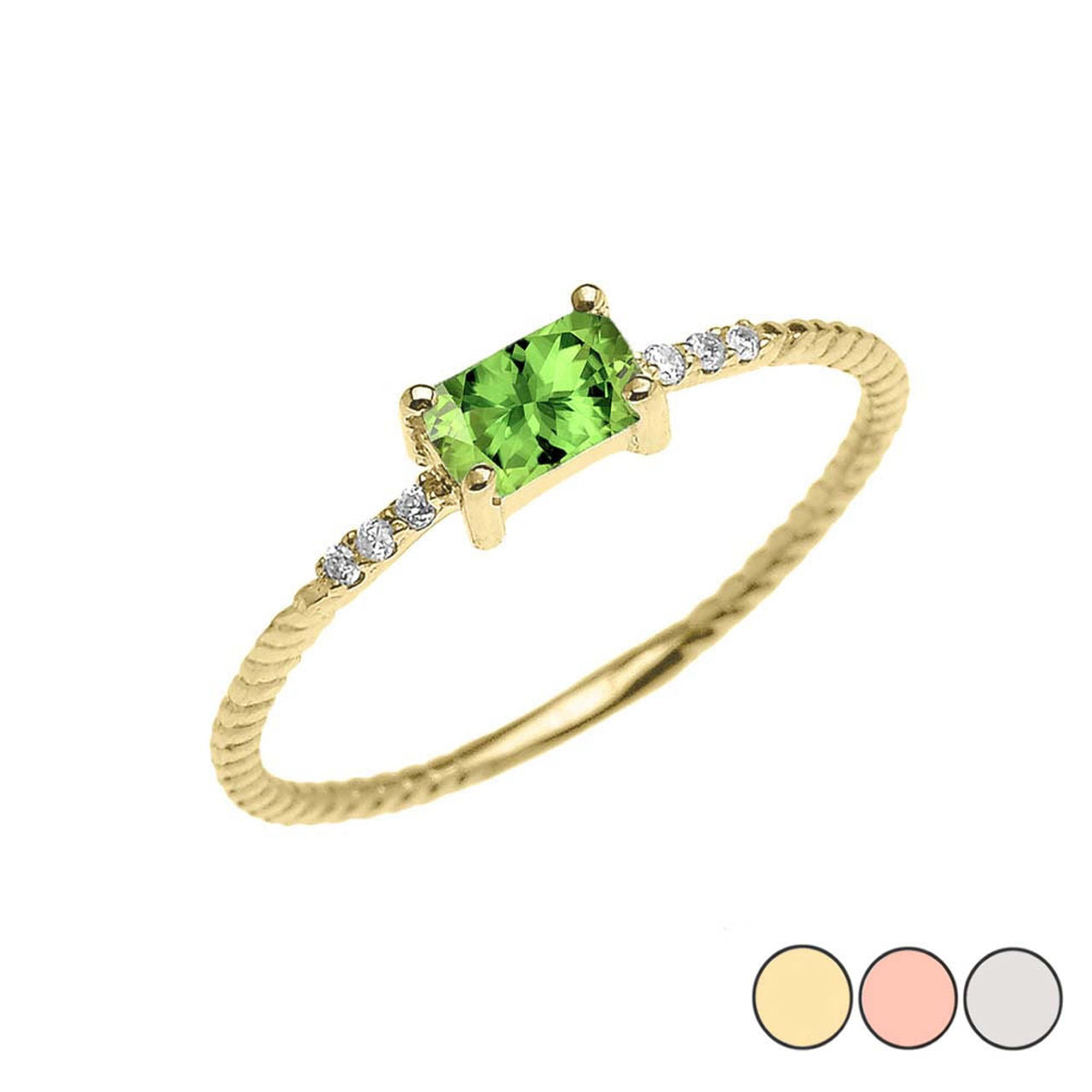 Dainty Solitaire Emerald Cut Peridot and Diamond Rope Design Engagement/Promise Ring in Gold