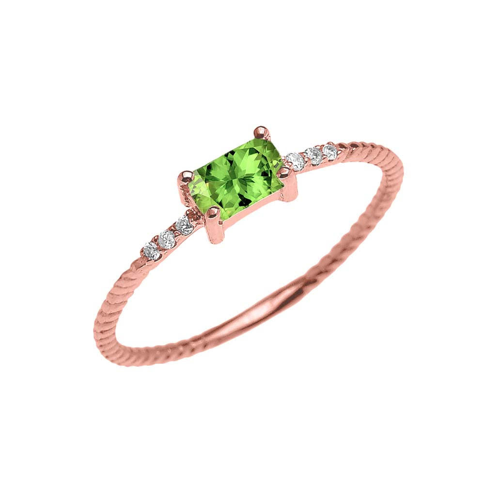 Dainty Solitaire Emerald Cut Peridot and Diamond Rope Design Engagement/Promise Ring in Gold, view 2