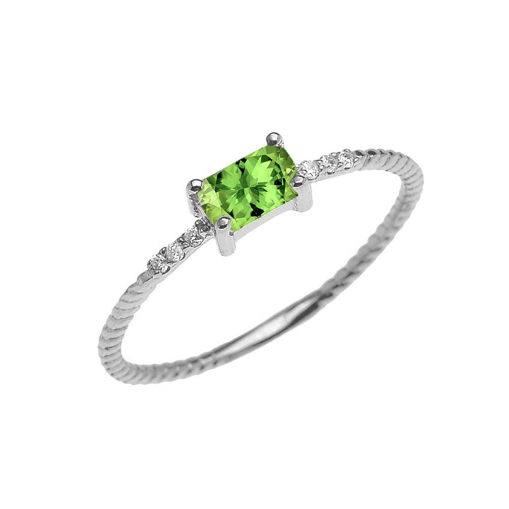 Dainty Solitaire Emerald Cut Peridot and Diamond Rope Design Engagement/Promise Ring in Gold, view 3
