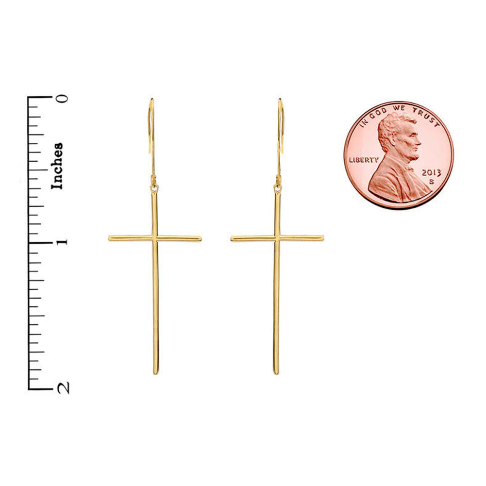 Dangling Dainty Solid Gold Cross Earrings, view 2