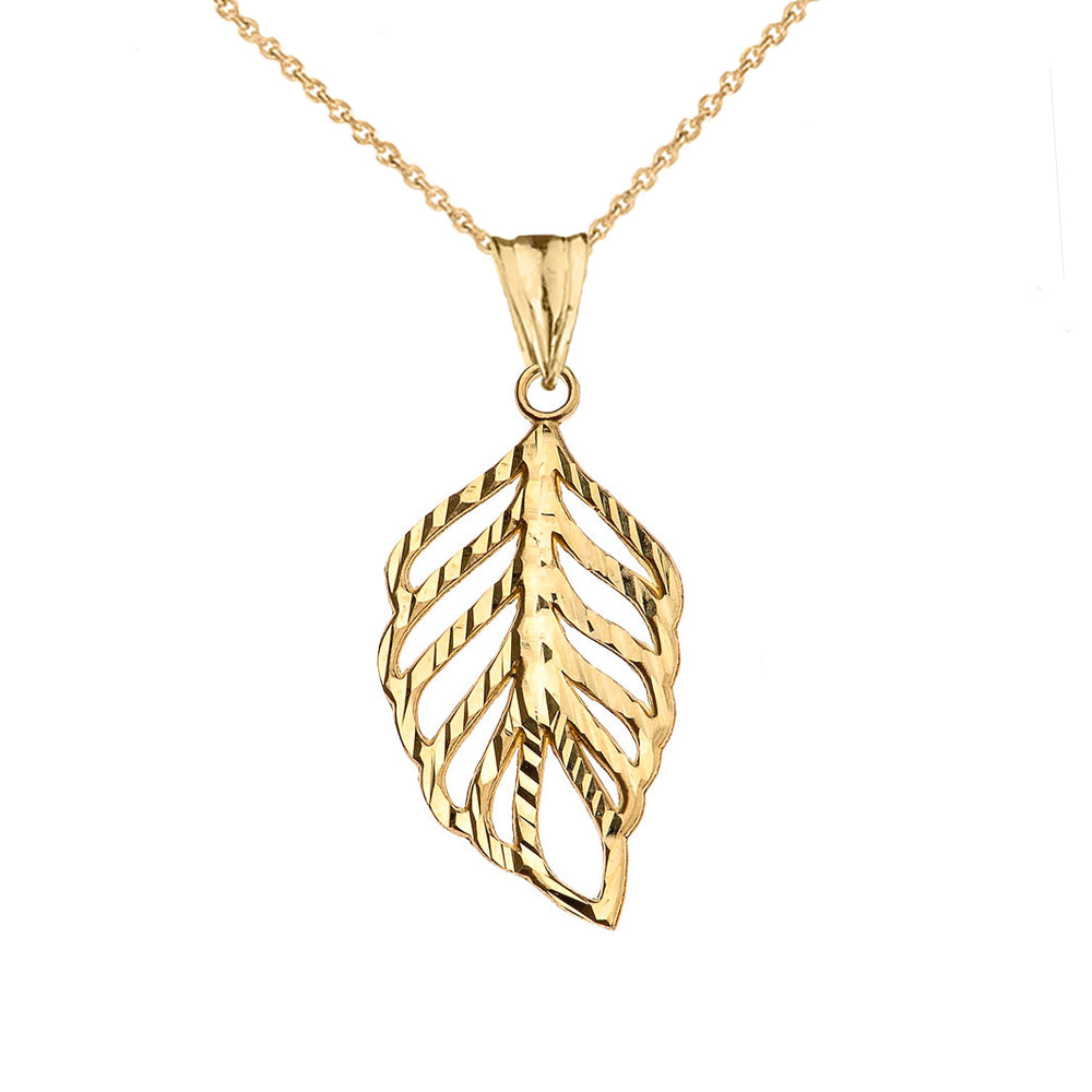 Designer Sparkle Cut Leaf Pendant Necklace in Yellow Gold