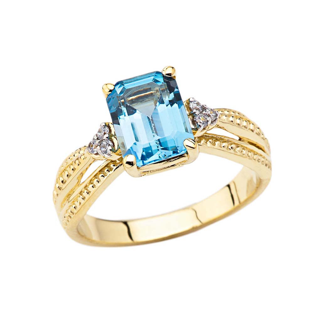 Diamond and Blue Topaz Emerald Cut Engagement Ring In Gold