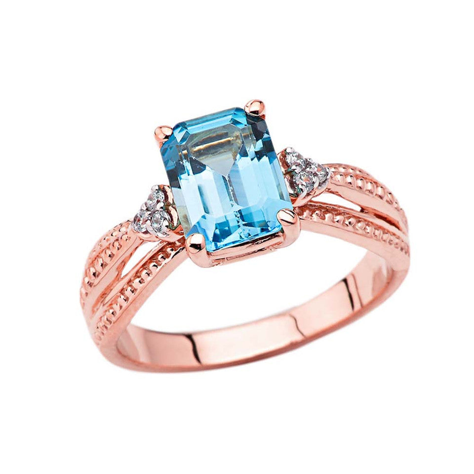Diamond and Blue Topaz Emerald Cut Engagement Ring In Gold, view 2