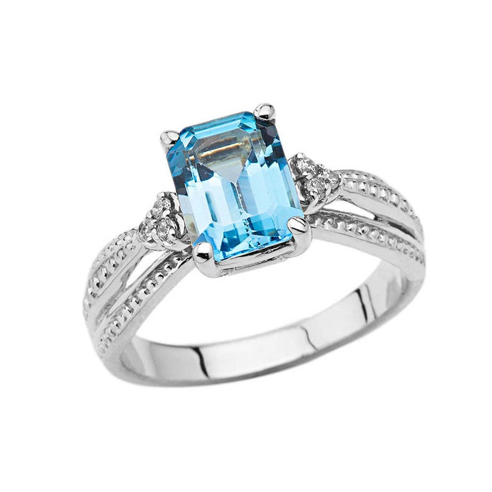 Diamond and Blue Topaz Emerald Cut Engagement Ring In Gold, view 3