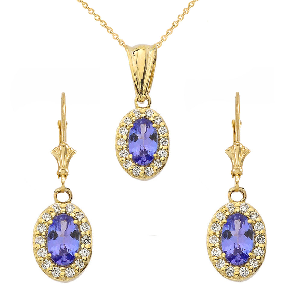 Diamond and Tanzanite Oval Pendant Necklace and Earrings Set in Gold