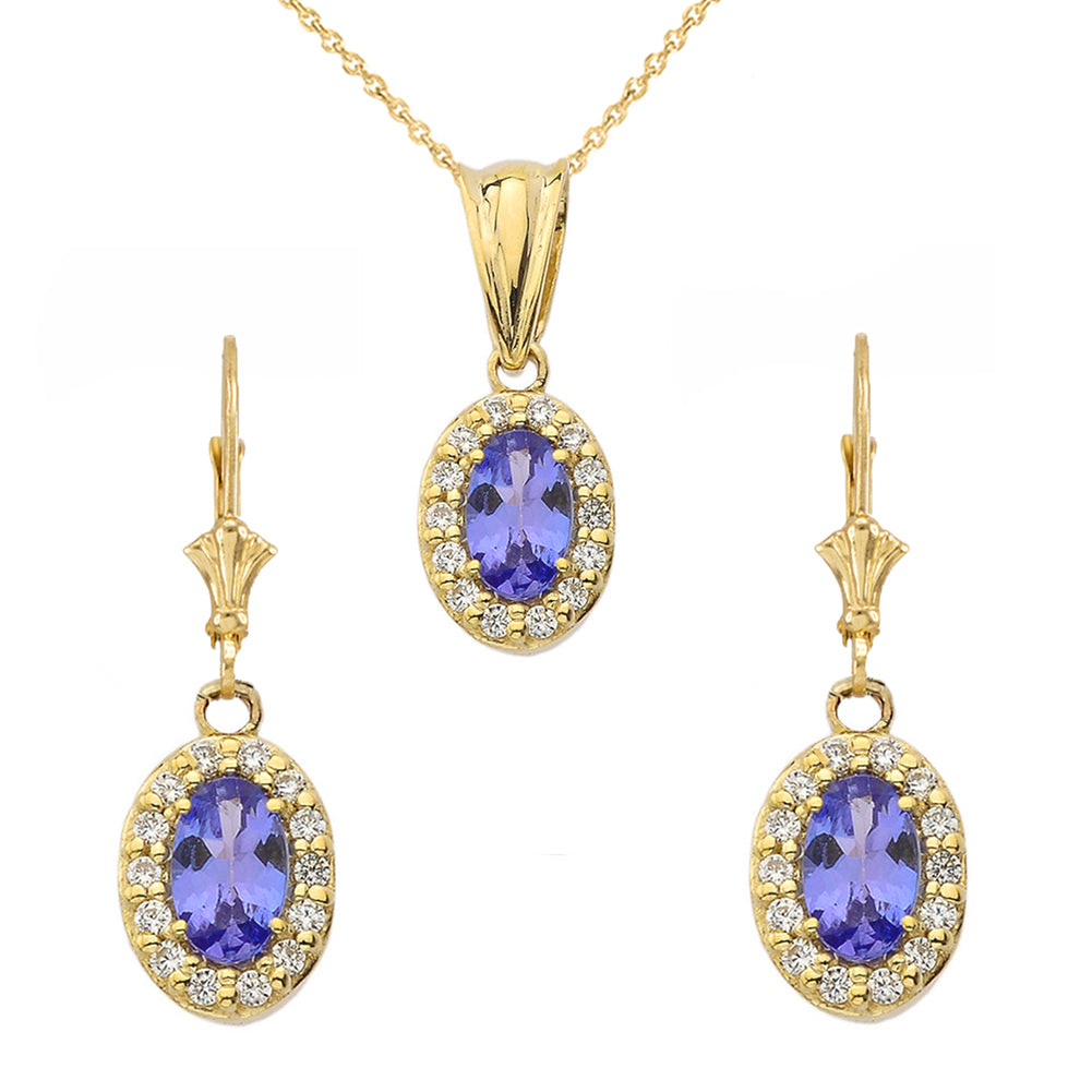 Diamond and Tanzanite Oval Pendant Necklace and Earrings Set in Gold