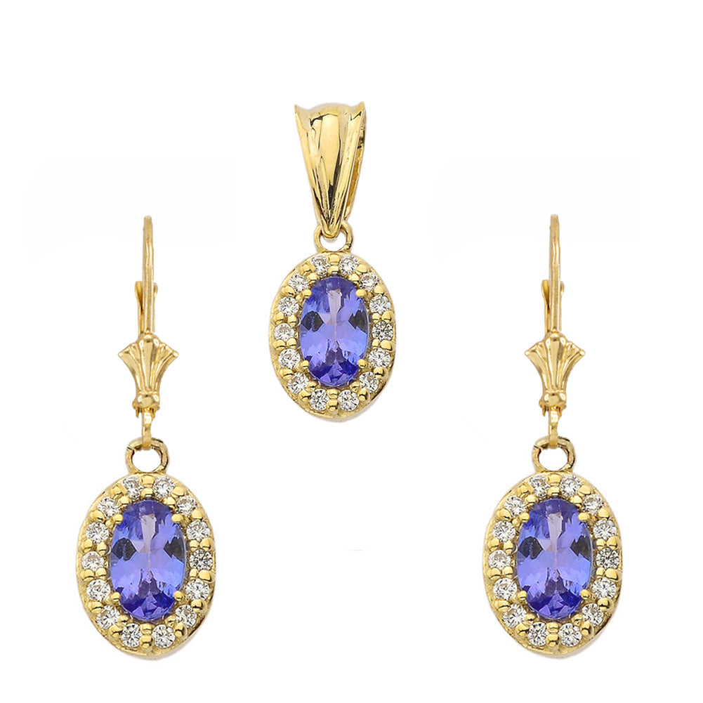 Diamond and Tanzanite Oval Pendant Necklace and Earrings Set in Gold, view 2