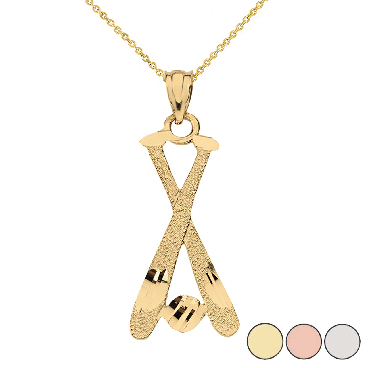 Diamond Cut Baseball Bats Pendant Necklace in Solid Gold