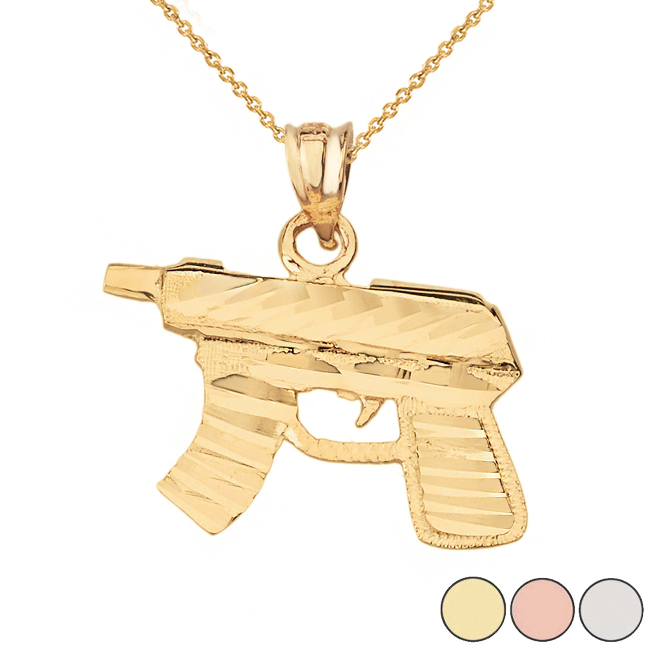 Diamond Cut Gun Rifle Pendant Necklace in Solid Gold