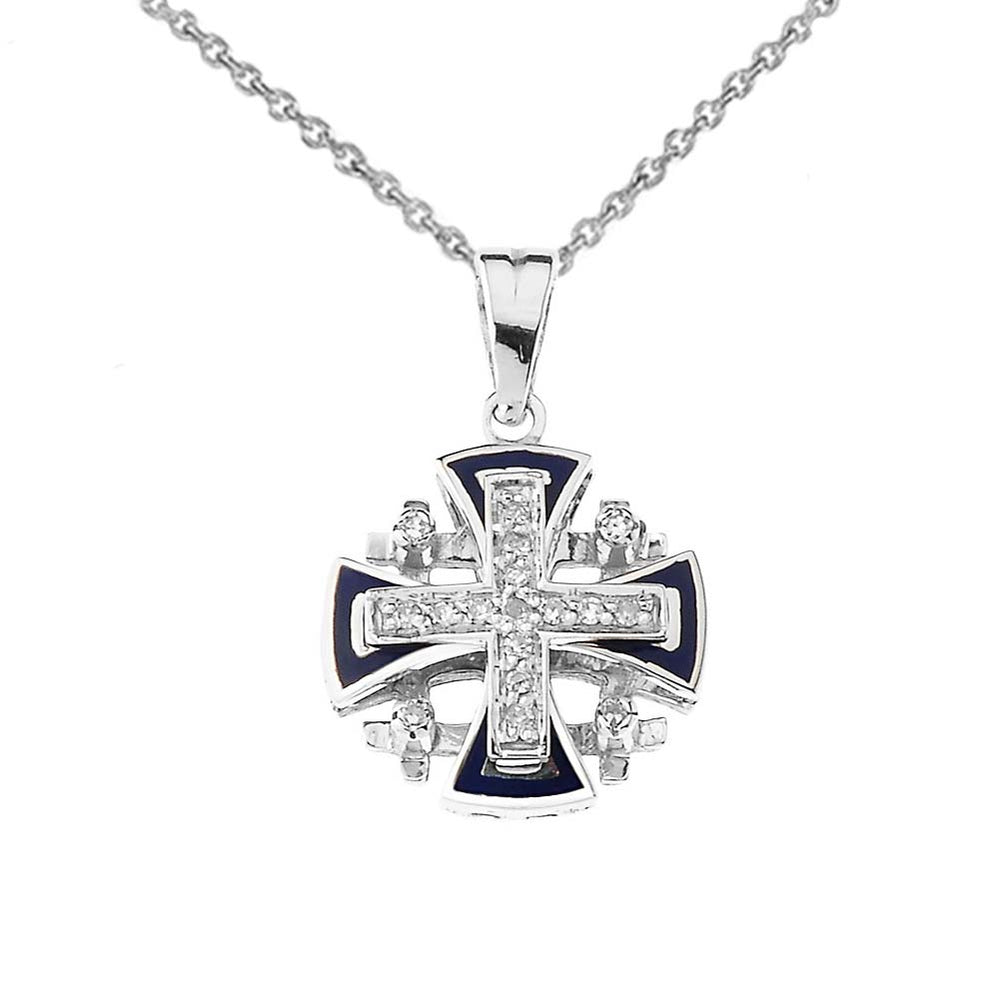 Diamond Jerusalem Cross Pendant Necklace In Sterling Silver With Blue Enamel