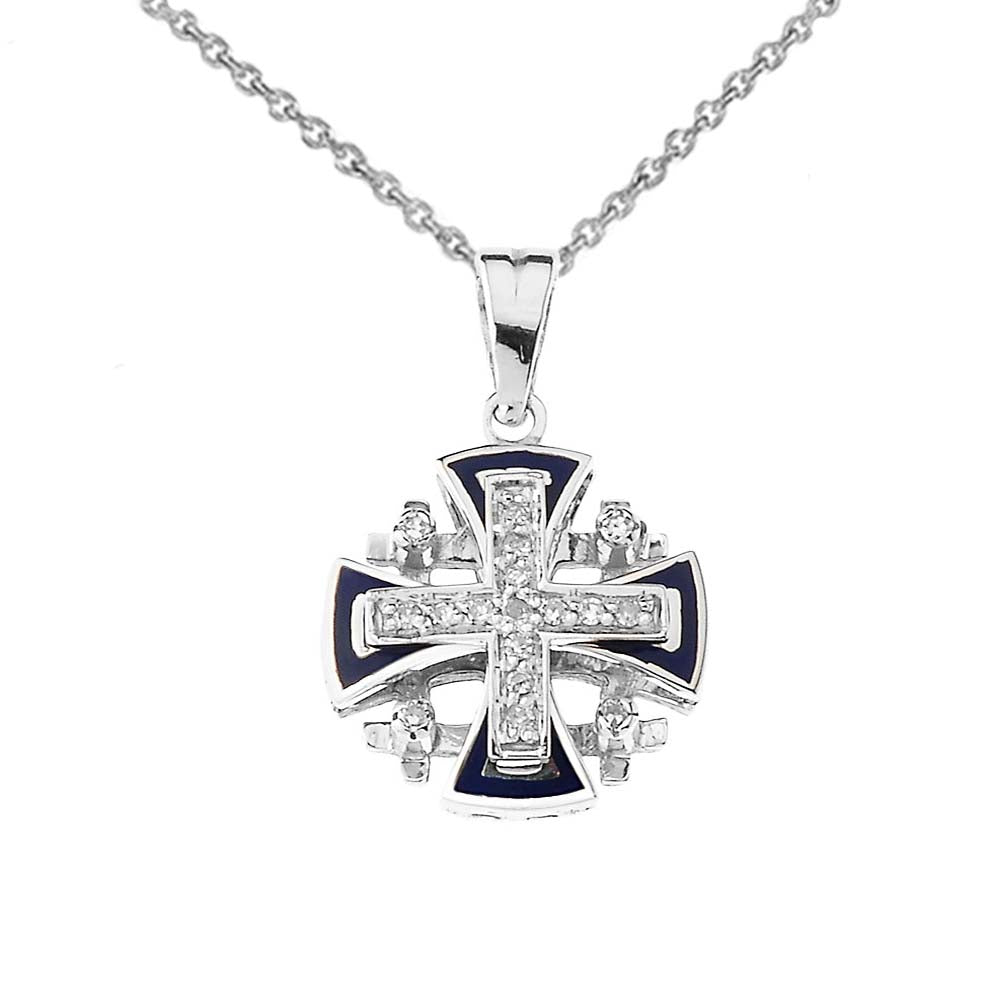 Diamond Jerusalem Cross Pendant Necklace In Sterling Silver With Blue Enamel