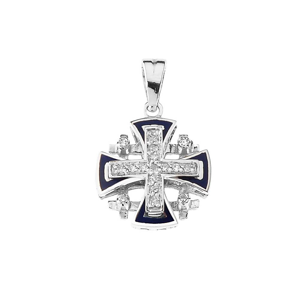Diamond Jerusalem Cross Pendant Necklace In Sterling Silver With Blue Enamel, view 2