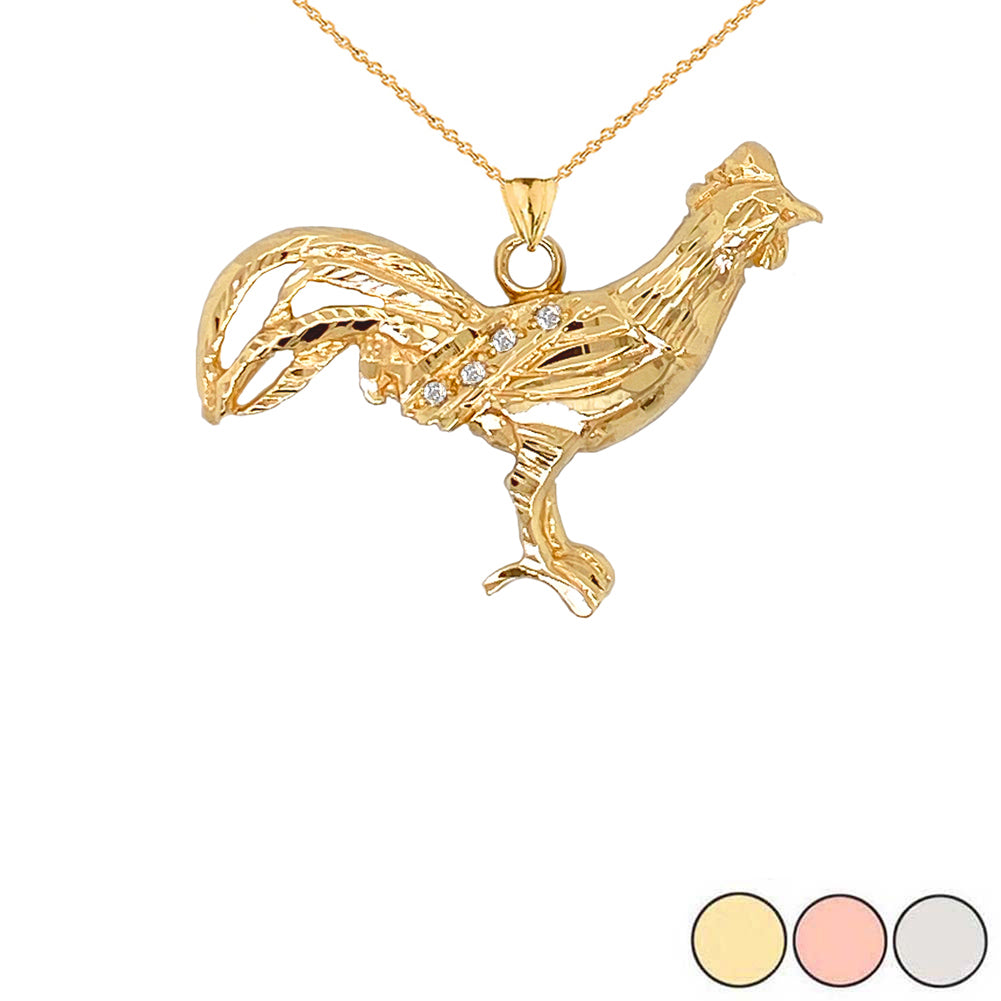 Diamond Rooster Animal Charm Pendant Necklace in Gold