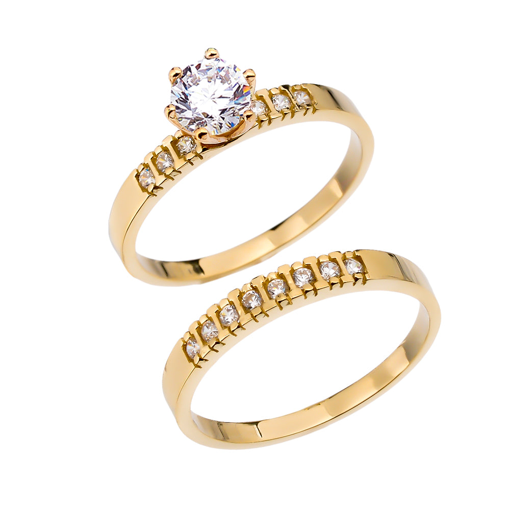 Diamond Solid Gold Engagement And Wedding Ring Set With 1 Carat White Topaz Center stone