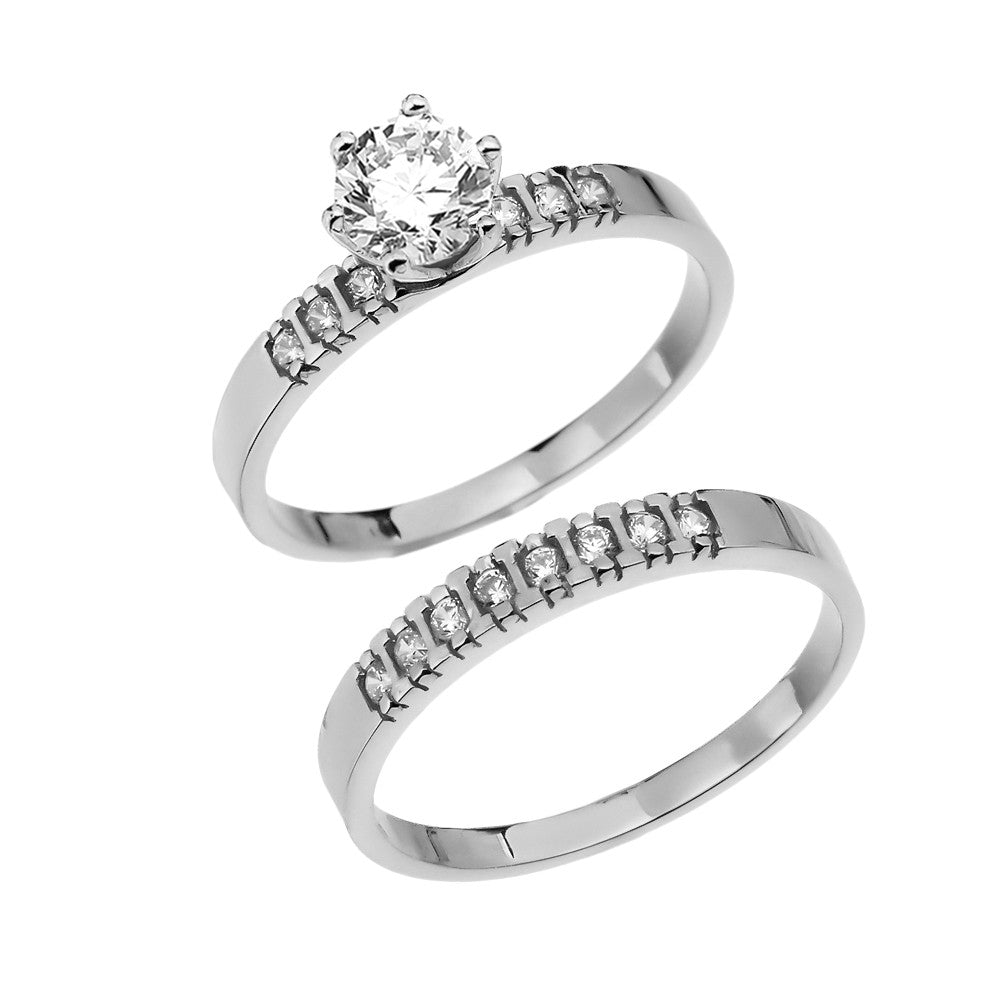 Diamond Solid Gold Engagement And Wedding Ring Set With 1 Carat White Topaz Center stone, view 3