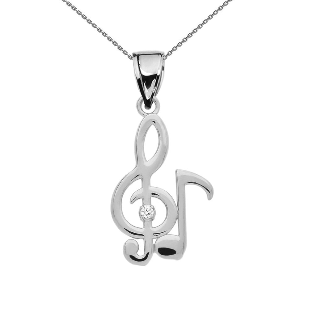 Diamond Treble Clef And Eighth Note Music Sterling Silver Pendant Necklace