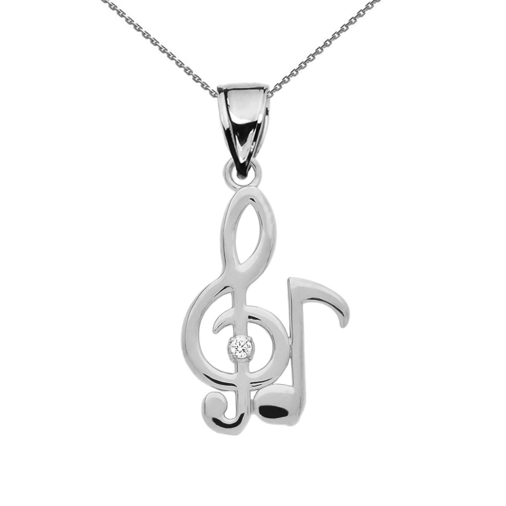 Diamond Treble Clef And Eighth Note Music Sterling Silver Pendant Necklace