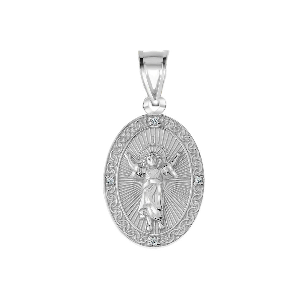 Divino Niño Jesus Oval Medallion Pendant Necklace with CZ in Sterling Silver, view 2
