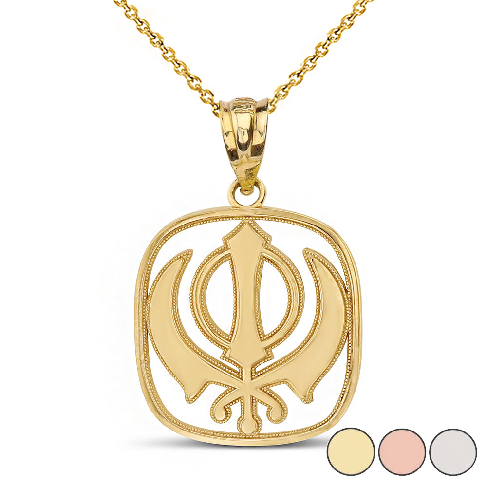 Double Edged Sword The Khanda Sikhs Pendant Necklace in Solid Gold