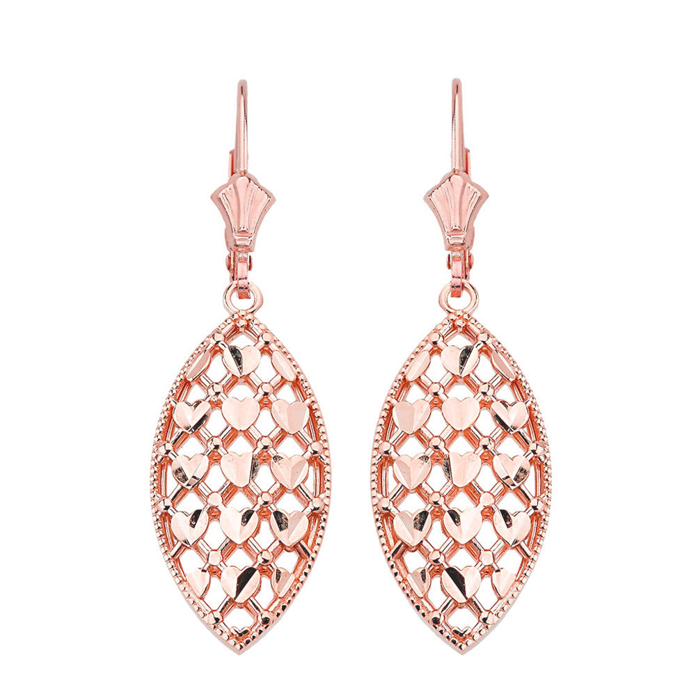 Double Layered Woven Hearts Filigree Marquise Shape Drop Earring Set, view 3