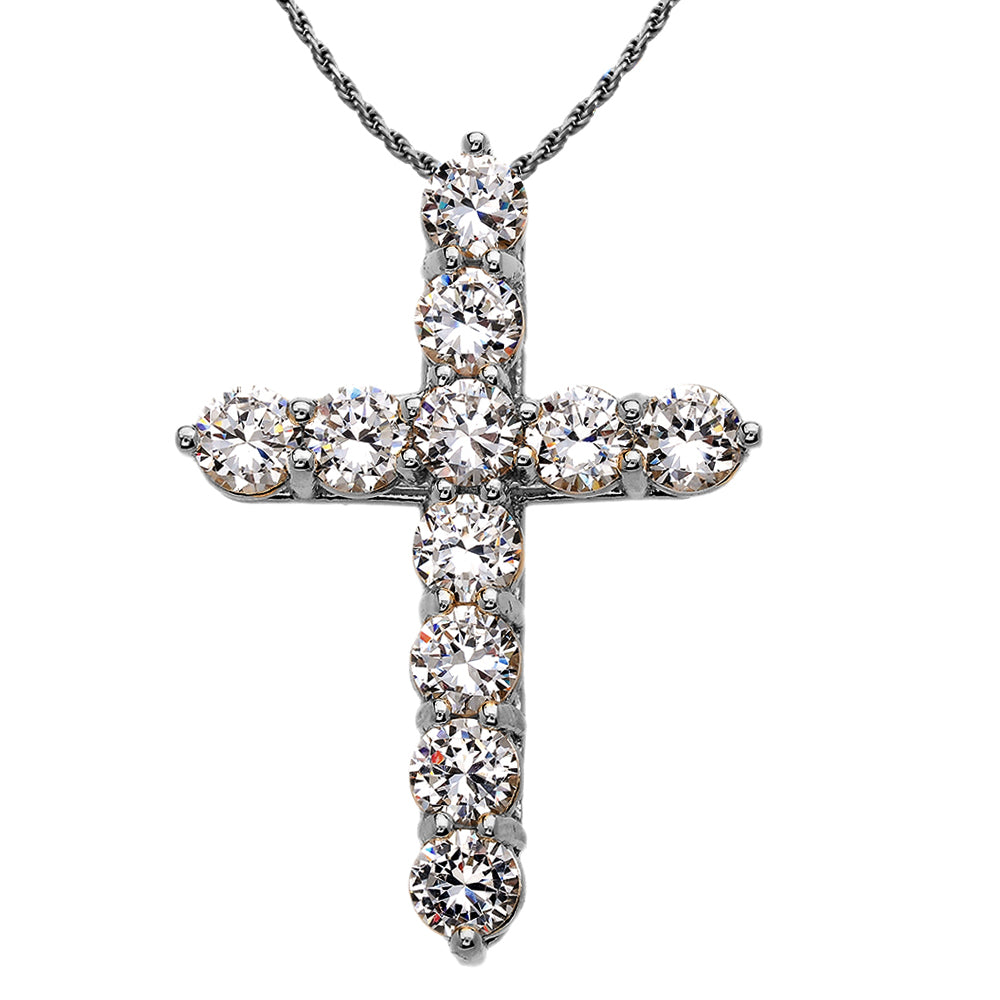 Elegant Sterling Silver 12 Carat Round Cubic Zirconia Cross Pendant Necklace (Extra Large)